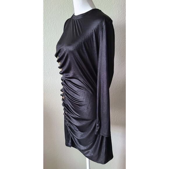 Karina Grimaldi‎ Asymmetrical Black Bodycon Mini Dress Size Medium Gold Buttons - Picture 4 of 12
